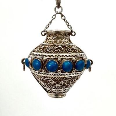 #116 â€¢ Sterling Silver Filagree Vase Pendant w/ Turquoise Enamel Accents
