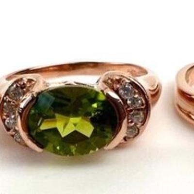 #157 â€¢ Three Sterling Silver/Rose Gold Vermeil Rings: Blue Sapphire Size 4, Peridot Size 6.25, Blue Sapphire Size 7
