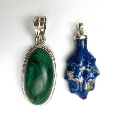 #139 â€¢ Two Polished Stone Pendants Set In Sterling Silver - Lapis and Malachite
