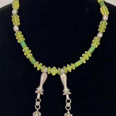 #146 â€¢ Necklace of Antique Citrine Yellow Vaseline Trade Beads, Celadon Rectangular Glass Beads and Asian Silver-Tone Ornaments
