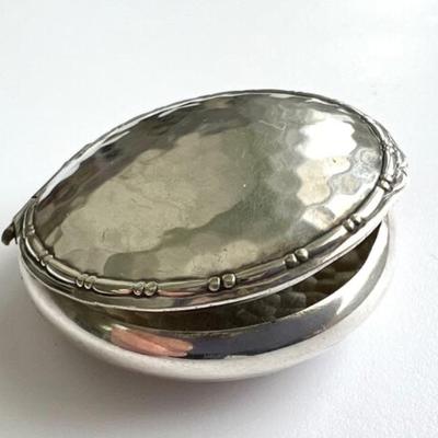 #144 â€¢ Antique Hammered-Finish Danish Silverplate Round Hinged Pillbox
