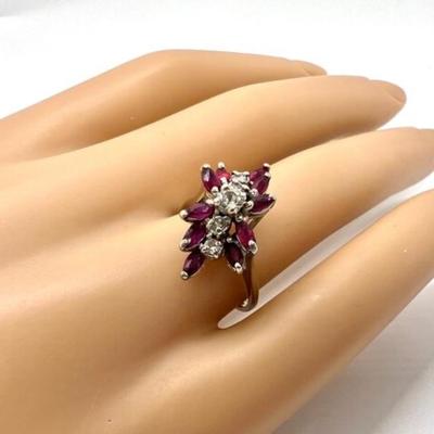 #96 â€¢ Vintage 14K White Gold Ring with Five Diamonds and Marquis-Cut Garnets - Size 6
