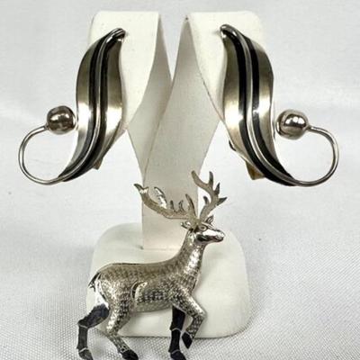 #129 â€¢ Two Vintage Sterling Silver Pieces - Stag Pin and Elegant Screw-Back Earrings
