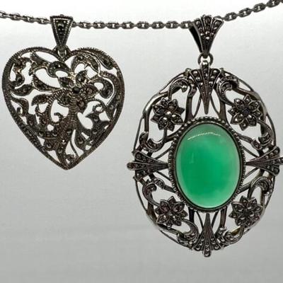 #126 â€¢ Two Vintage Sterling Silver Victorian-esque Pendants w/ Marcasite
