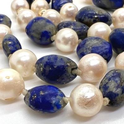 #81 â€¢ Antique Afghan Lapis, Real Pearls & 14k Gold Beaded Necklace
