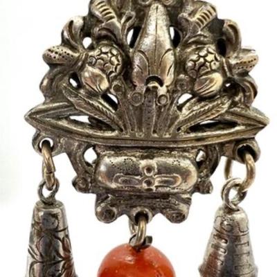 #141 â€¢ Antique Chinese/Himalayan Silver-Tone Amulet w/ Carnelian Bead and Two Tiny Bells
