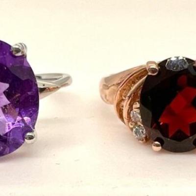 #156 â€¢ Two Size 7.5 Sterling Silver Rings - One Amethyst and One Garnet
