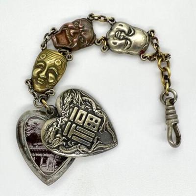 #118 â€¢ Antique Japanese Locket w/ Original Geisha and Temple Photos on a Watch Chain w/ Three Metal Noh Masks
