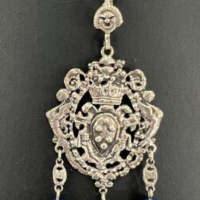 #137 â€¢ Vintage Sterling Silver Necklace w/ Dark Blue Art Glass Beads
