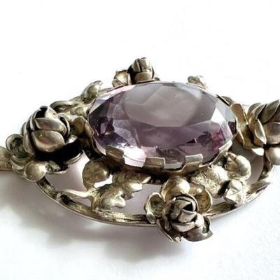 #114 â€¢ Victorian Sterling Silver Rose Pendant w/ A Clear Lavender Center Stone
