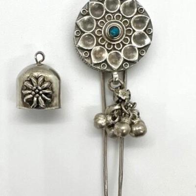 #143 â€¢ Himalayan Sterling/Turquoise Brooch Ornament and Tiny Sterling Silver Bell
