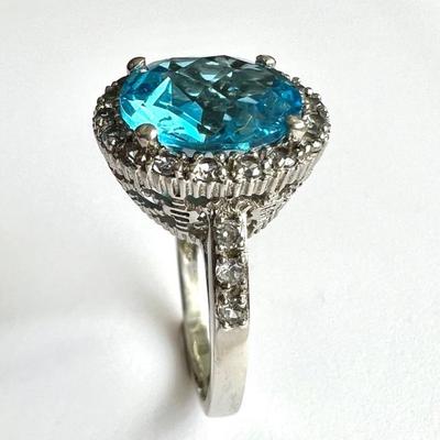 #39 â€¢ Halo Ring w/Large Blue Topaz and 24 Diamonds, Set in Sterling Silver - Size 8.5
