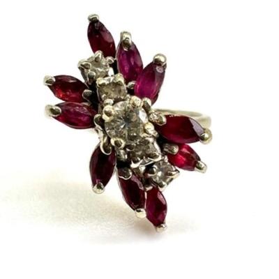 #96 â€¢ Vintage 14K White Gold Ring with Five Diamonds and Marquis-Cut Garnets - Size 6
