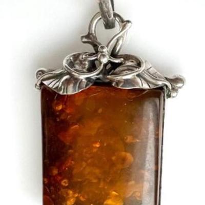 #12 â€¢ Large Amber Pendant In Sterling Art Nouveau Setting
