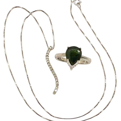 #151 â€¢ 14K White Gold Diamond Pendant w/ 14K Box Chain AND Sterling Silver and Sapphire Ring Size 7.5
