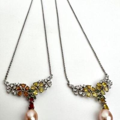 #161 â€¢ Two Sterling Necklaces with Pink Pearl, Sapphires and CZ
