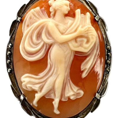 #54 â€¢ Antique Carved Shell & Sterling Silver w/ Marcasite Cameo - Dual Setting for Brooch or Pendant
