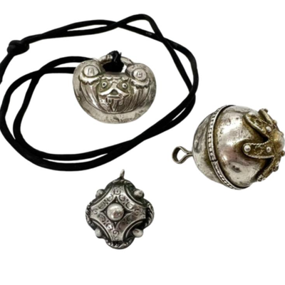 #87 â€¢ 3 Antique Sterling Silver Hollow Asian Silver Pendants
