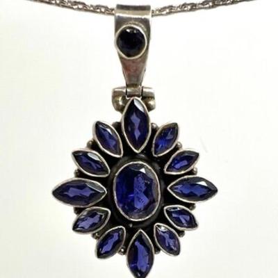 #98 â€¢ Vintage Iolite & Sterling Silver Flower Pendant with 13 Stones
