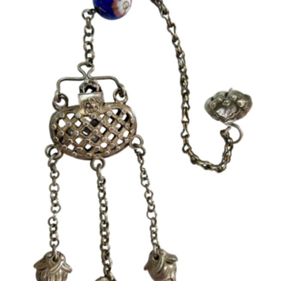 #23 â€¢ Antique Chinese Sterling Silver Longevity Lock Pendant w/ Cloissone Bead & 3 Charms
