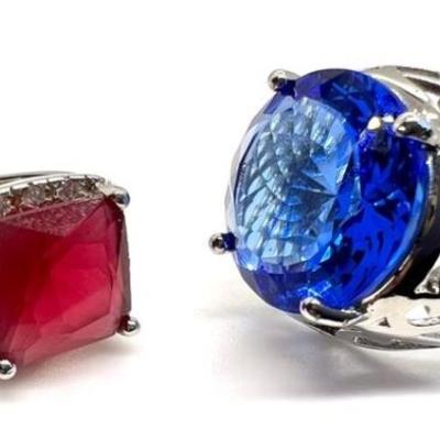 #159 â€¢ Two Sterling Silver Rings with Large Synthetic Stones: Size 6.25 and Size 8.25
