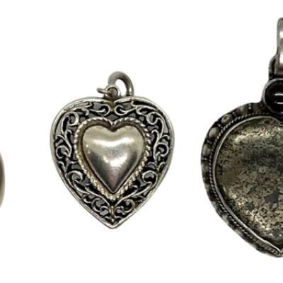 #102 â€¢ Three Sterling Silver Vintage Pendants - 2 Hearts & 1 Round Bell

