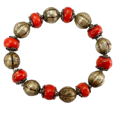 #6 â€¢ Antique Himalayan Sterling Silver & Coral Beaded Bracelet
