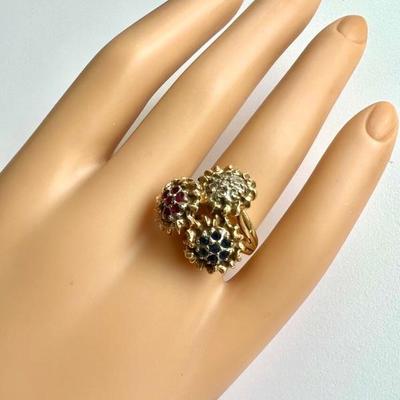 #47 â€¢ Vintage 14K Sunflower Ring w/ Diamonds, Sapphires & Rubies - Size 5 1/2
