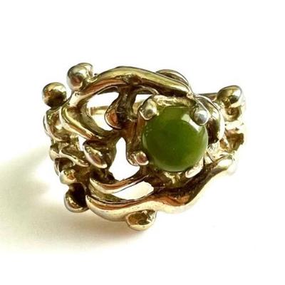 #134 â€¢ Vintage Brutalist Vermeil Ring w/ Opaque Green Stone - Size 6.25
