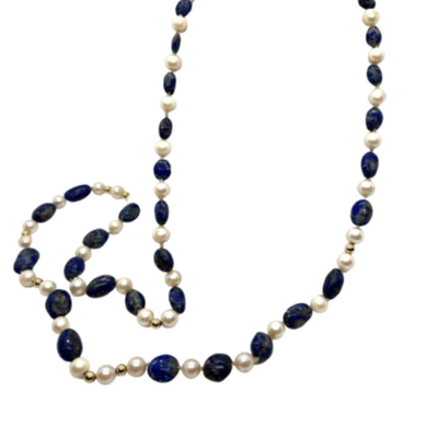 #81 â€¢ Antique Afghan Lapis, Real Pearls & 14k Gold Beaded Necklace
