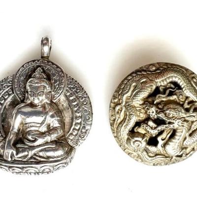 #44 â€¢ Vintage Sterling Silver Tibetan Buddha Pendant & Silver Dragon Brooch
