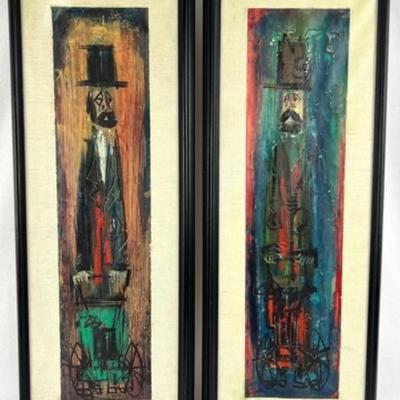 #9 â€¢ Two Vintage Signed, Framed Mixed Media Portraits of A Bearded Man in a Top Hat, Paris 1962
