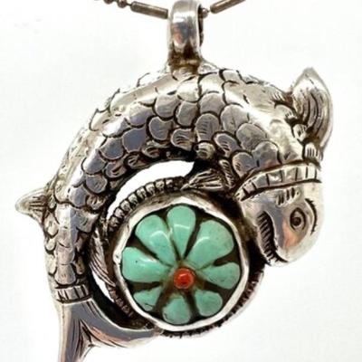 #105 â€¢ Antique Asian Sterling Silver Fish Pendant w/ Turquoise and Coral

