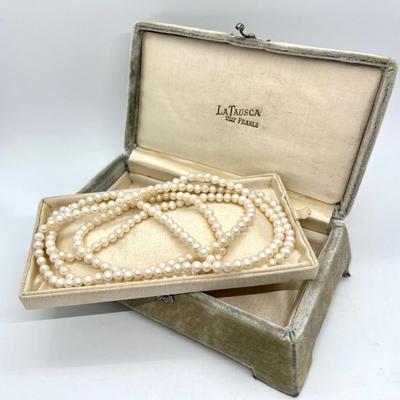 #131 â€¢ Antique 48" Strand of La Tausca Faux Pearls in Original Two-Level Velvet Box
