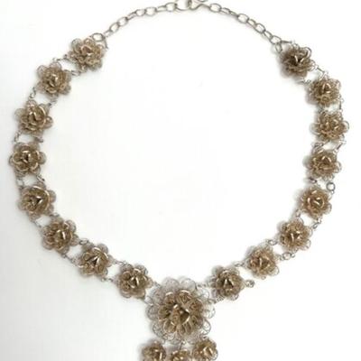 #119 â€¢ Delicate Antique Silver Filigree Rose Blossom Necklace
