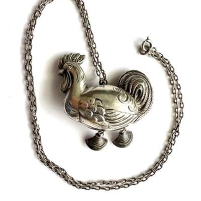 #106 â€¢ Large Silver-Tone Rooster Pendant on Sterling Silver Chain

