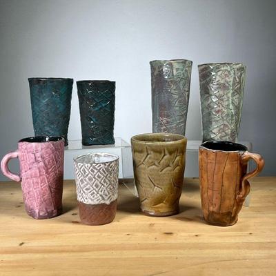 (8PC) MEG SMEAL POTTERY CUPS/MUGS | Handmade Art Pottery Assorted Mugs/Cups, most pieces signed. - h. 6 x dia. 3 in (Purple/Green Mug)