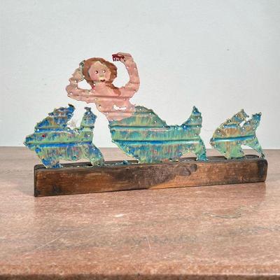 MARCIA WILSON (1936-2018) FOLK ART MERMAID | Folk Art Punched Tin Mermaid and Fish on stand. Signed Marcia Wilson (1936-2018) Leonia, NJ...