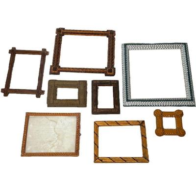 (8PC) TRAMP ART FRAMES | (8) Tramp Art Frames including a very nice Multi Colored Woods frame and unusual Stick Art Frame. - l. 15 x h....