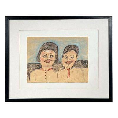 S. L. JONES (1901-1997) | Two women Pastel and pen on paper Signed lower right Float mounted, matted and framed. - l. 12 x h. 9 in (sheet)
