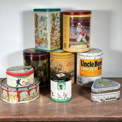 GROUP OF TIN CONTAINERS | Group of Collectors Tins Includes Uncle Bens Rice, Yankee Stadium Tin, Other Baseball Tins and more.
