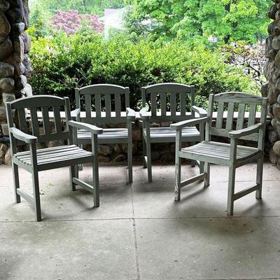 (4PC) OUTDOOR PATIO CHAIRS | Outdoor wood garden armchairs with gray finish. - l. 24 x w. 18.5 x h. 33 in
