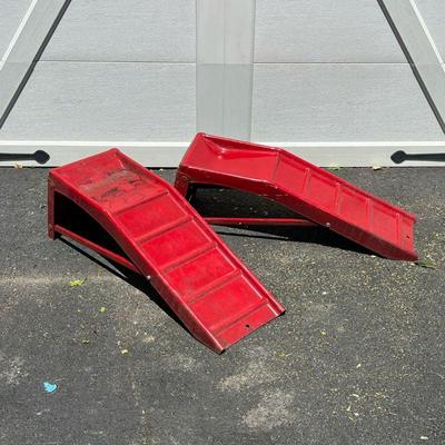 (2PC) CAR RAMP LIFTS | A set of red metal car lifts; collapsible. - l. 36 x w. 11 x h. 12 in (each lift)
