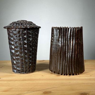 (2PC) TEXTURED POTTERY VASES | Brown textured vase and similar lidded jar. - h. 8.25 in (tallest)