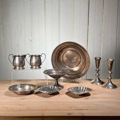 (9PC) STERLING SILVER GROUP | Sterling includes two Kirk & Son Scalloped dishes, Gorham Bowl, Compote, Pair Candlesticks, Small Bowl,...