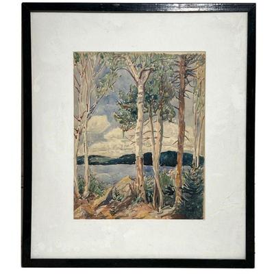 TREES WATERCOLOR | Watercolor of trees by the water; no apparent signature; framed and matted behind glass. - l. 21.5 x w. 24.5 in...