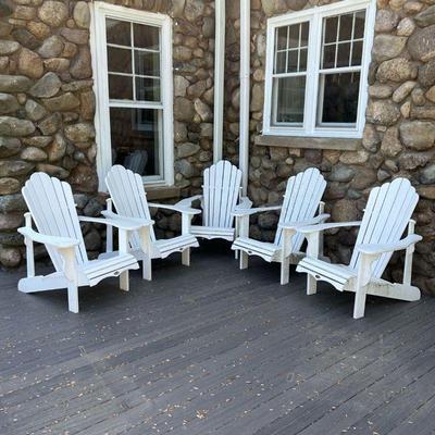 (5PC) ADIRONDACK CHAIRS | A set of five outdoor patio chairs: Leisure Line polywood Adirondack chairs in white. - l. 40 x w. 33 x h. 40 in
