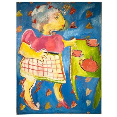 TEA LADY PAINTING | Mid-century, large painting, oil on canvas, showing a humanoid woman enjoying some tea; apparently unsigned. - l....