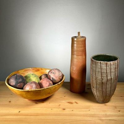 (3PC) MEG SMEAL POTTERY GROUP | Handmade art pottery, including a tall lidded vase with impressed 