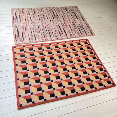 (2PC) VINTAGE HOOKED RUGS | (1) hooked block pattern rug; (1) rag rug with ribbon pattern. - l. 59 x w. 42 in (hooked rug)
